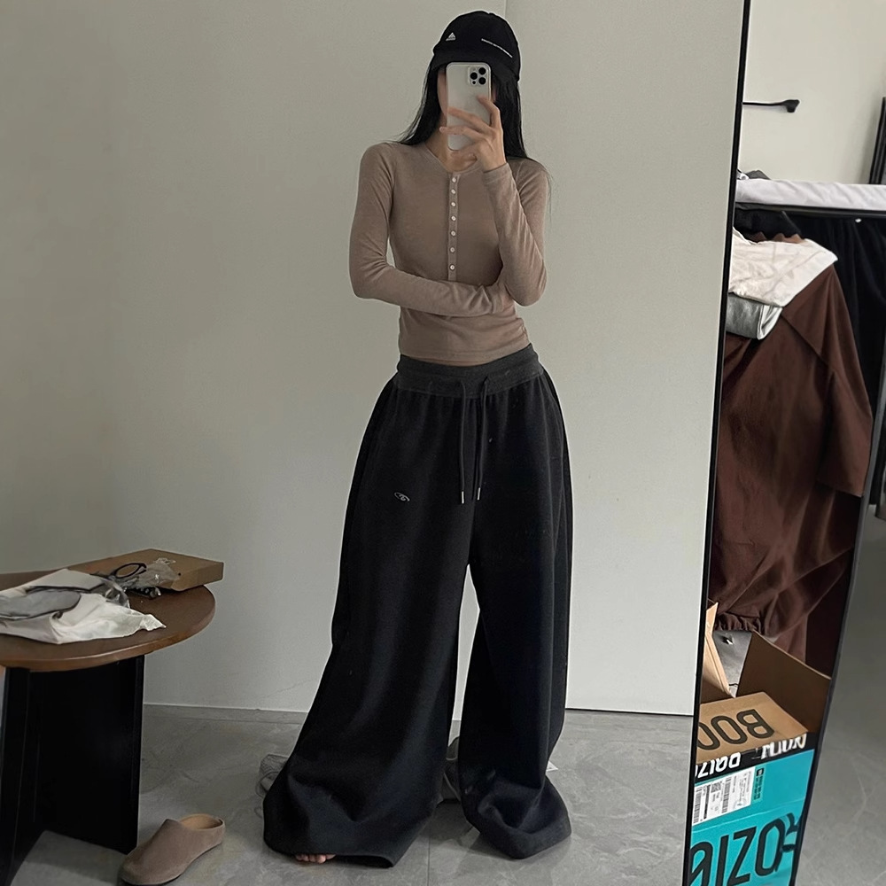 American Style Sports Casual for Women, Autumn Thin Sweatpants, Wide-Leg Pants, Draped Floor-Length Loose Plus Size Long Pants