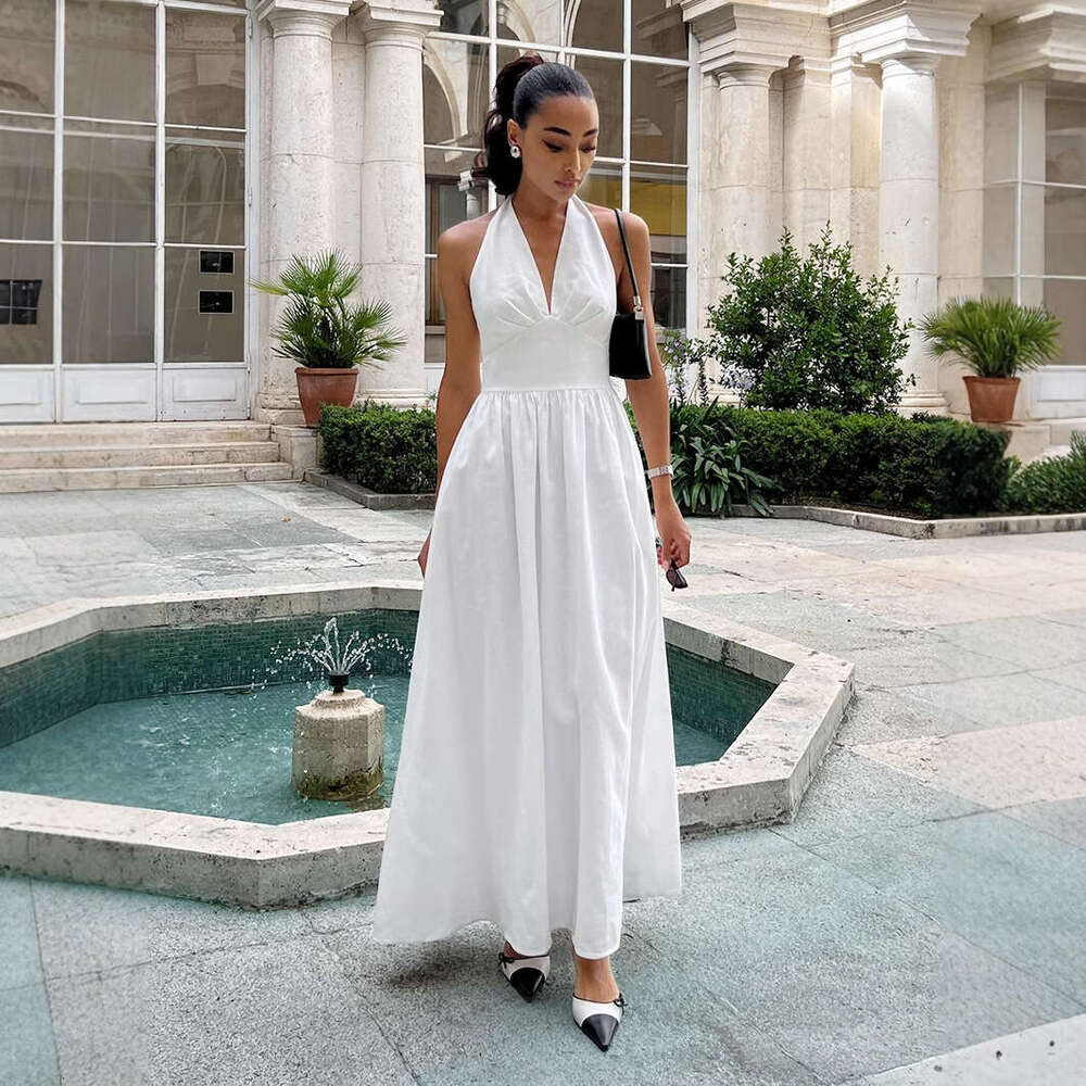 Pure Cotton Spring Summer Waist-Cinching V-Neck Tie Long Flared Dress For Women B5