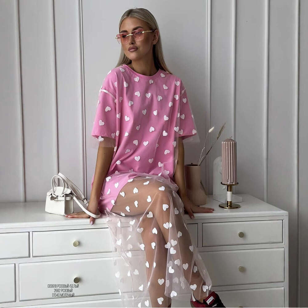 New Style Sexy Women's Long Heart Mesh Patchwork Loose Short Sleeve T-Shirt Dress B5