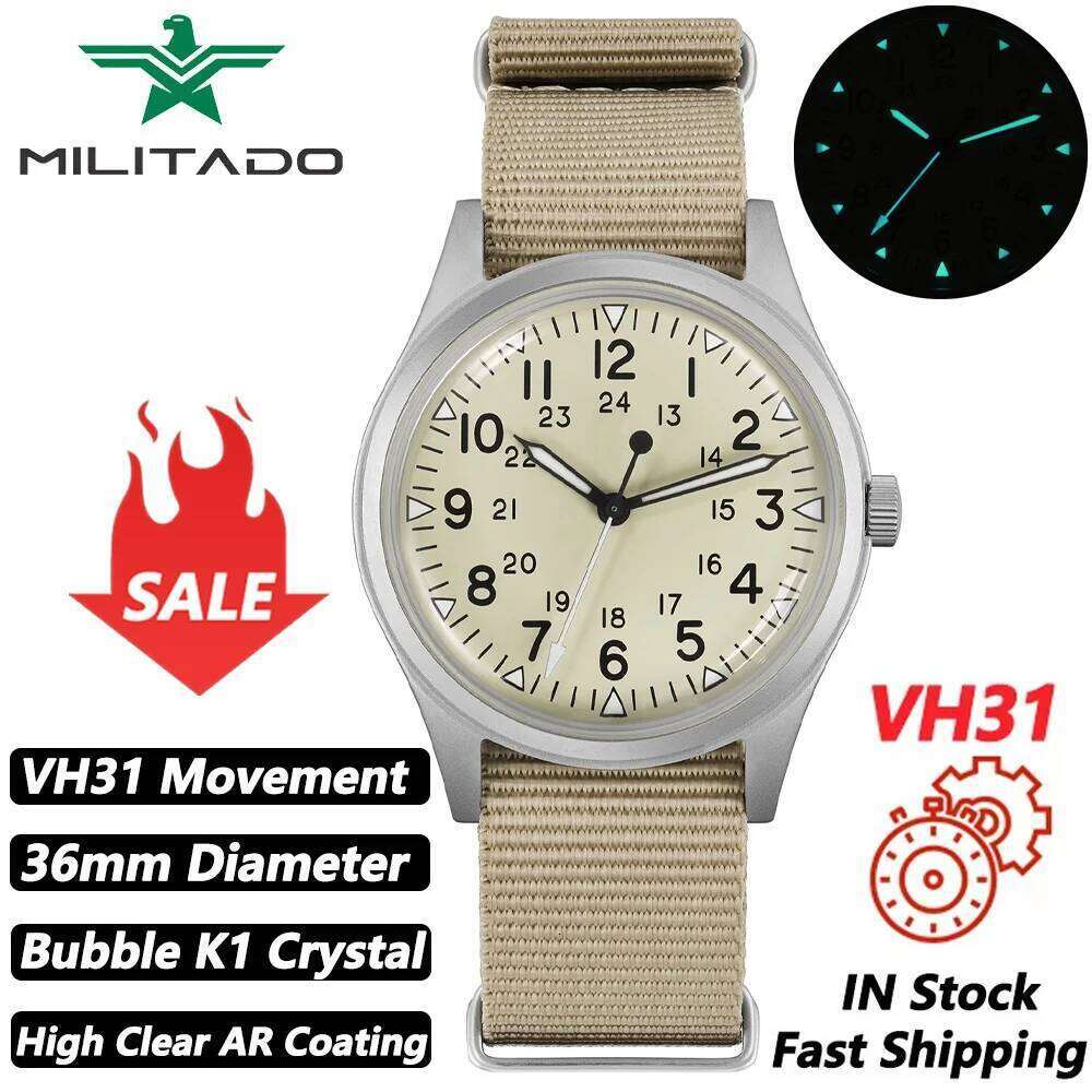 Militado ML07 Vintage Quartz Watch VH31 Movement Wristwatches Bubble Crystal With High Clear AR Coating Luminous 36mm Watches free shipping