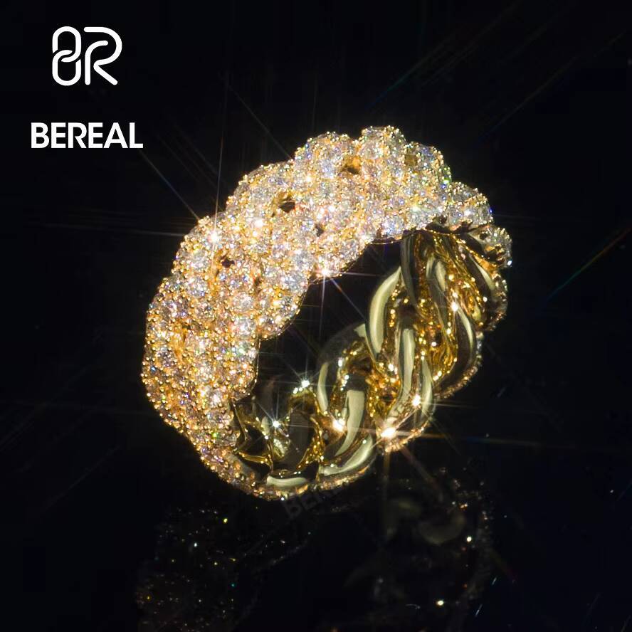 Pass Diamond Tester Cuban Chain Style 14K Solid Gold Moissanite Hip Hop Ring Iced Out Round Brilliant Cut Vvs Diamond Band