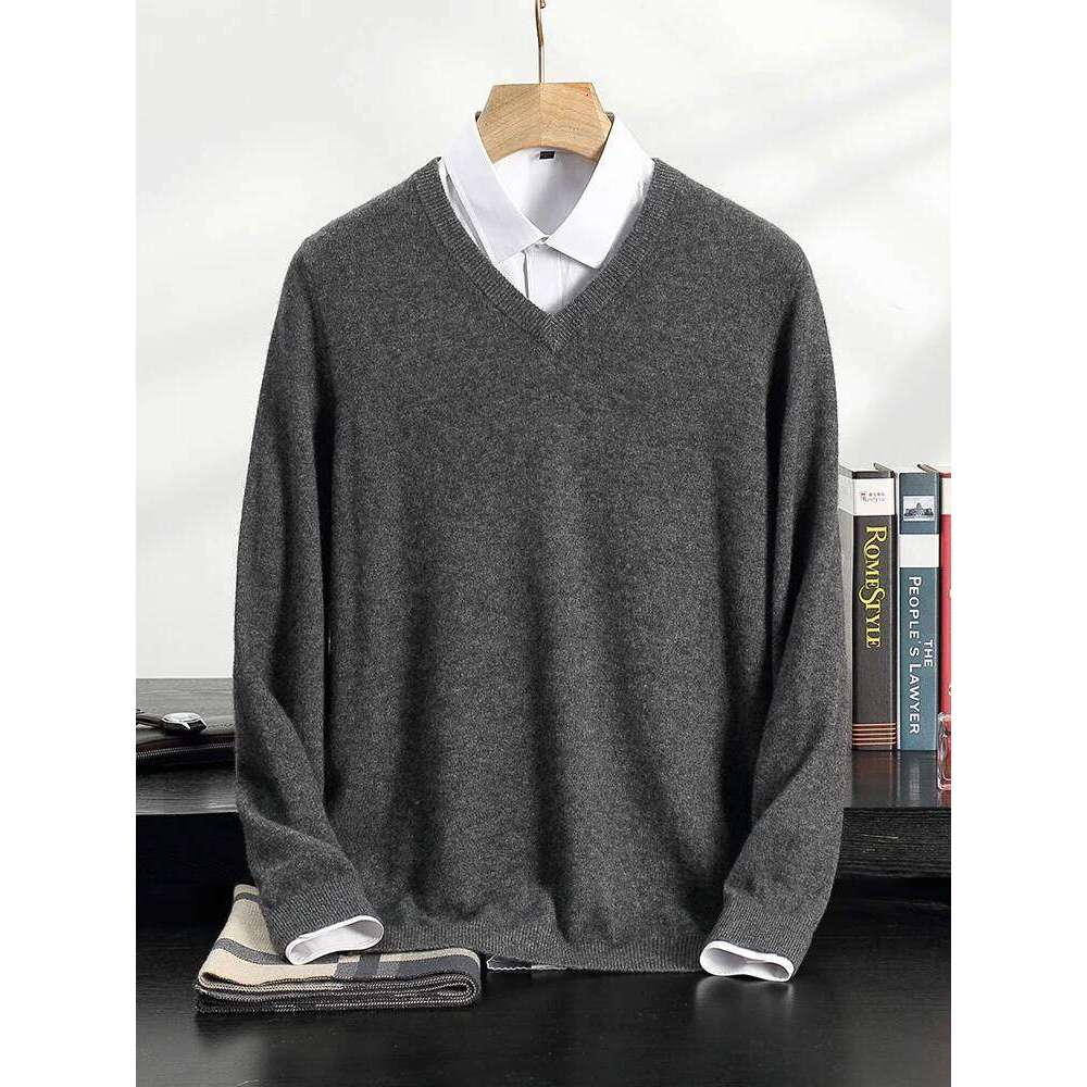 Aliselect Autumn Winter Men Sweater V-Neck Long Sleeve Pullover 100% Cashmere Knitwear Smart Casual Soft Comfort Jumper