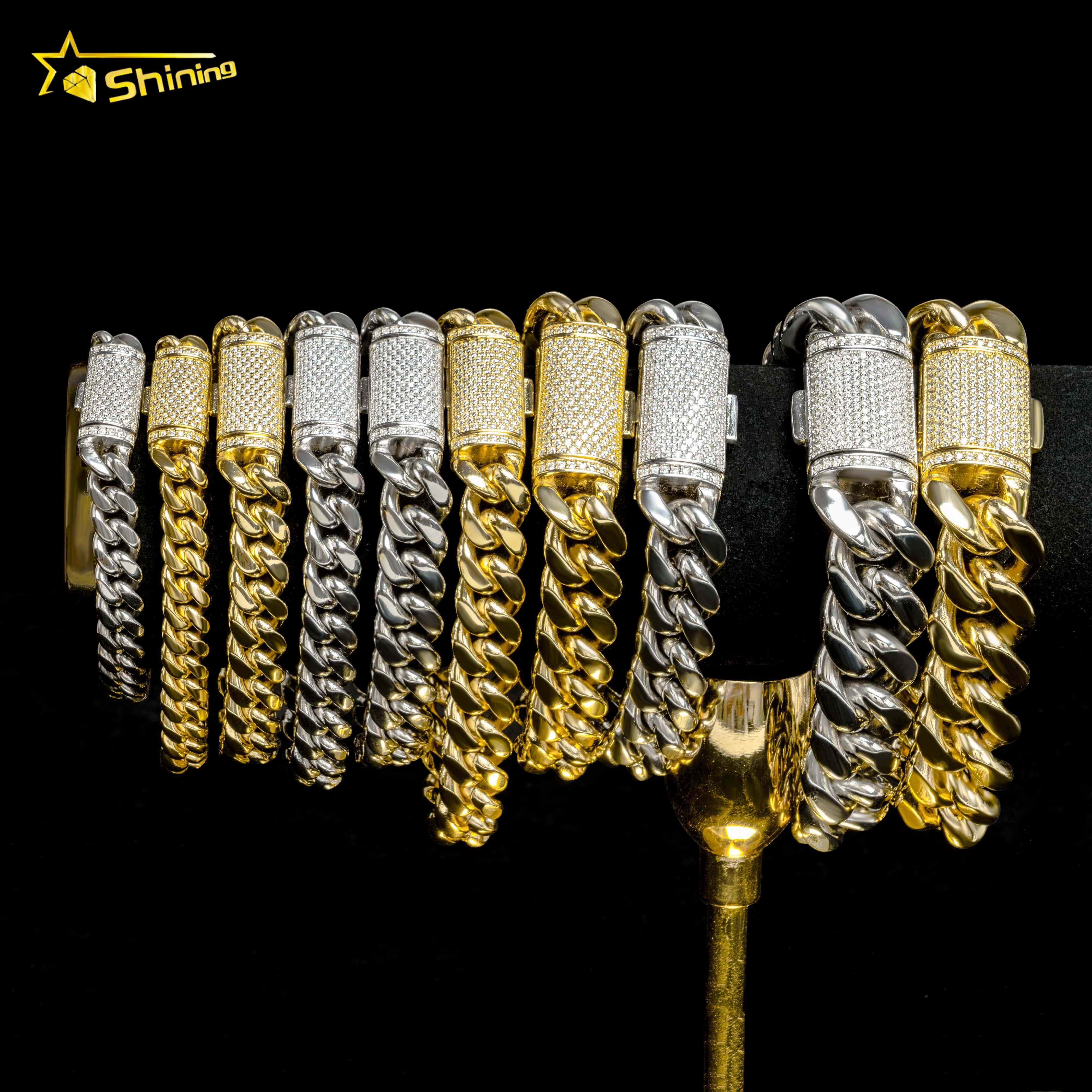 Hip Hop Jewelry Moissanite Clasp 8mm 10mm 12mm 14mm 18mm Stainless Steel Necklace Mens Gold Plated Miami Cuban Link Chain