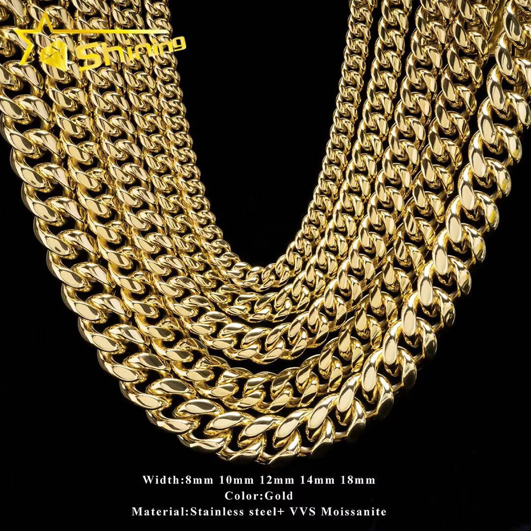 Hip Hop Necklace 8mm 10mm 12mm 14mm 18mm Stainless Steel Gold Plated Moissanite Miami Cuban Link Chain