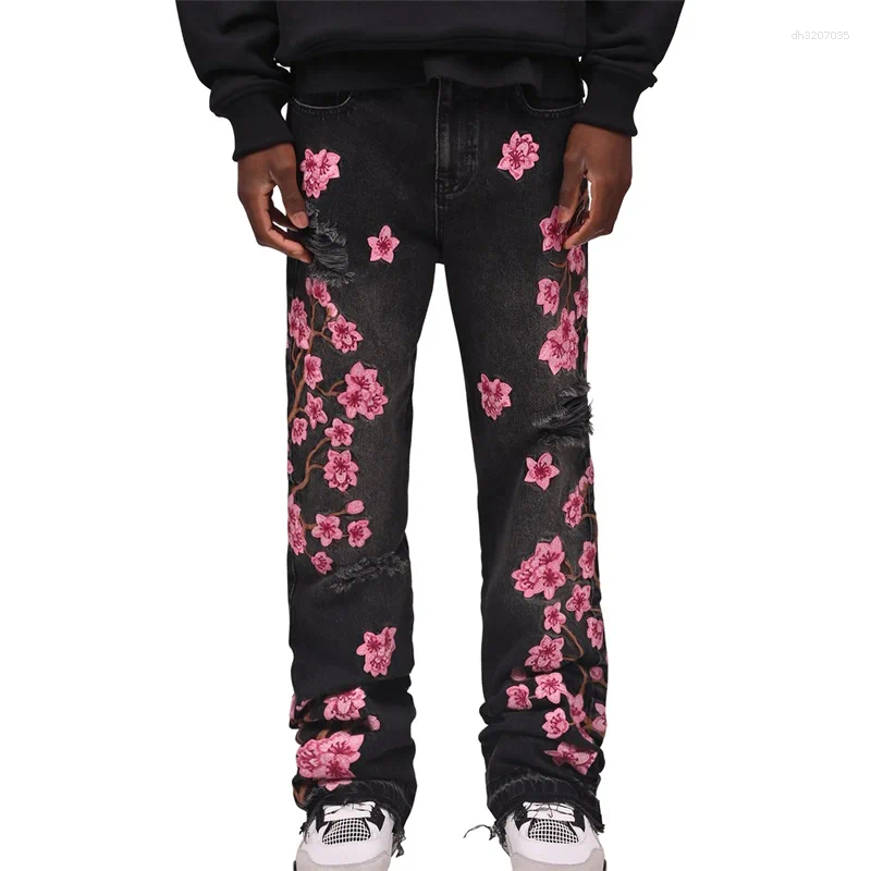 Men's Jeans Men Fashion Denim Pants Floral Embroidery Ripped With Pockets Casual Trousers Vintage Streetwear