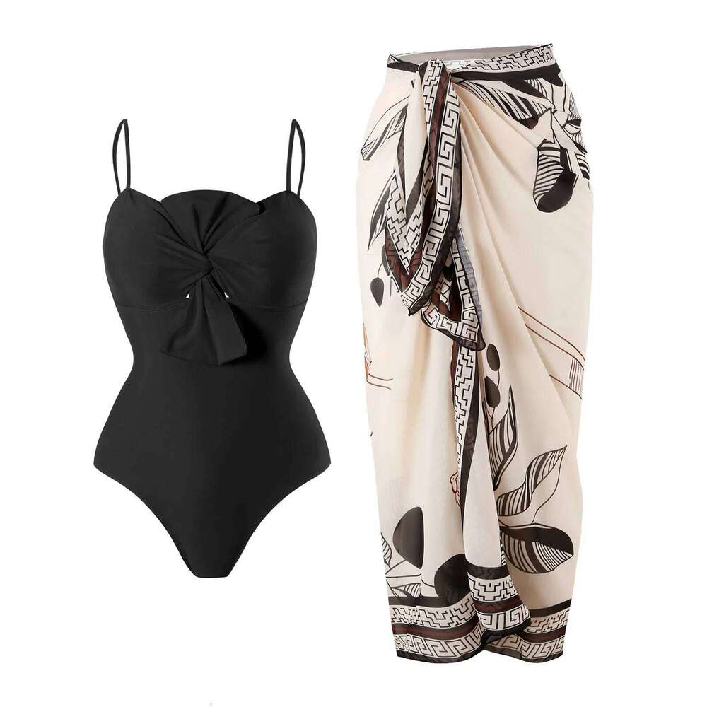 Women's Sexy Slim Fit One Swimsuit with Chiffon Skirt Two Piece Set Pure Color Bikini Ensemble from Mainland China