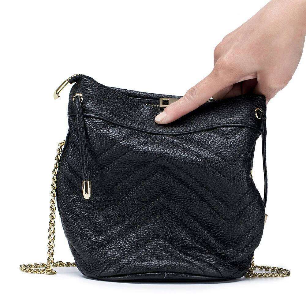 2025 New Genuine Top Grain Leather Women's - Chic Chain Strap, Striped Embroidery Soft Small Bucket Shoulder & Crossbody Bag