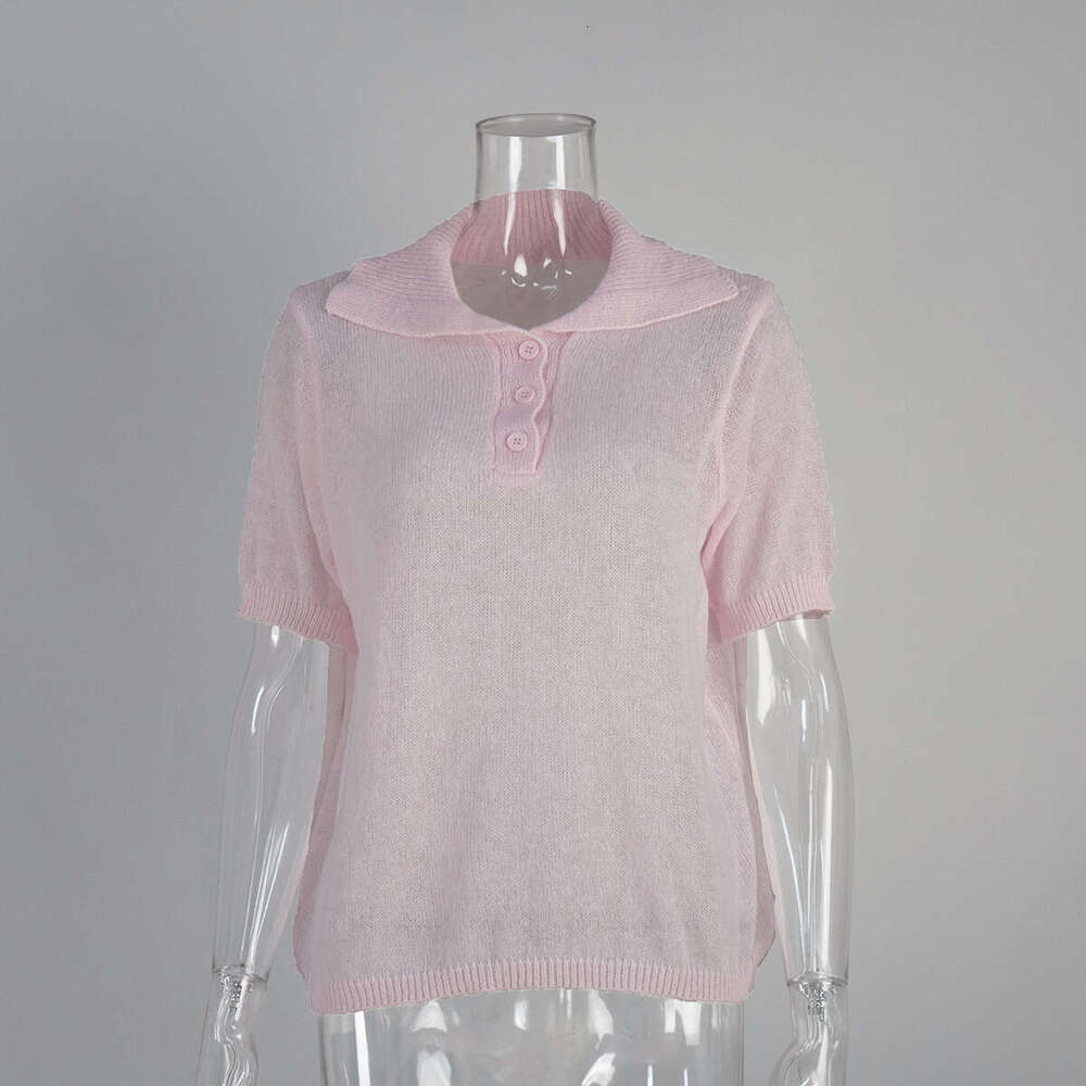 Polo Hollow Short Spring Summer New Puff Sleeve T-Shirt Simple Knitted Sweater For Women B5