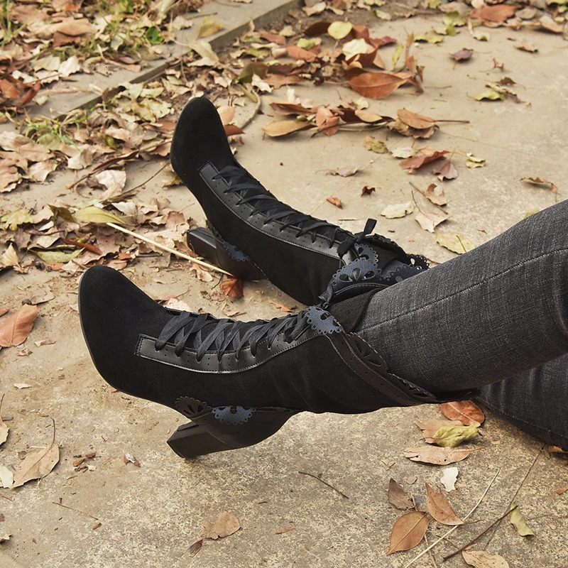 Women Lace Womens High Heel Middle Tube Boots Botas Zapatos Mujer Retro Leather Winter Shoes Booties Cowboy Botas Mujer 250717