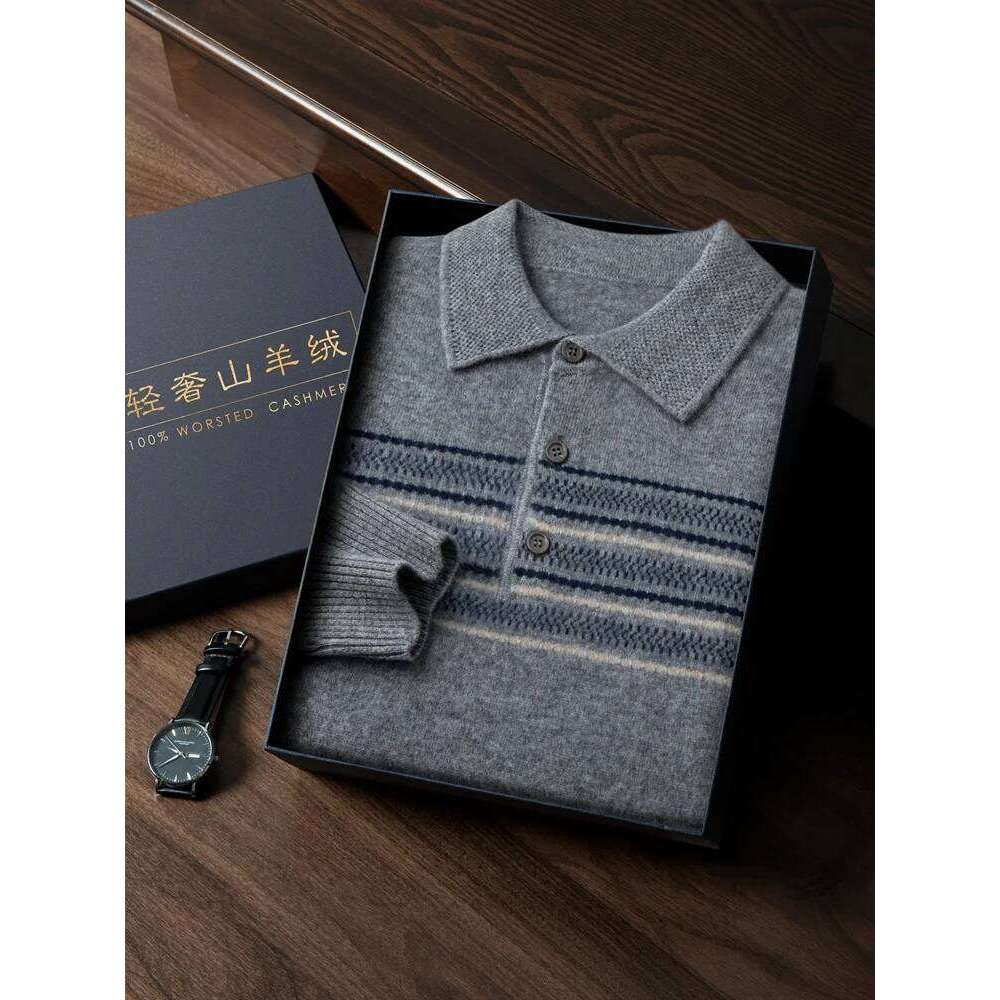 High-End Men Fall Winter 100% Sweater Color Blocking POLO Neck Pullovers Smart Casual Cashmere Knitwear Warm Shirt Tops