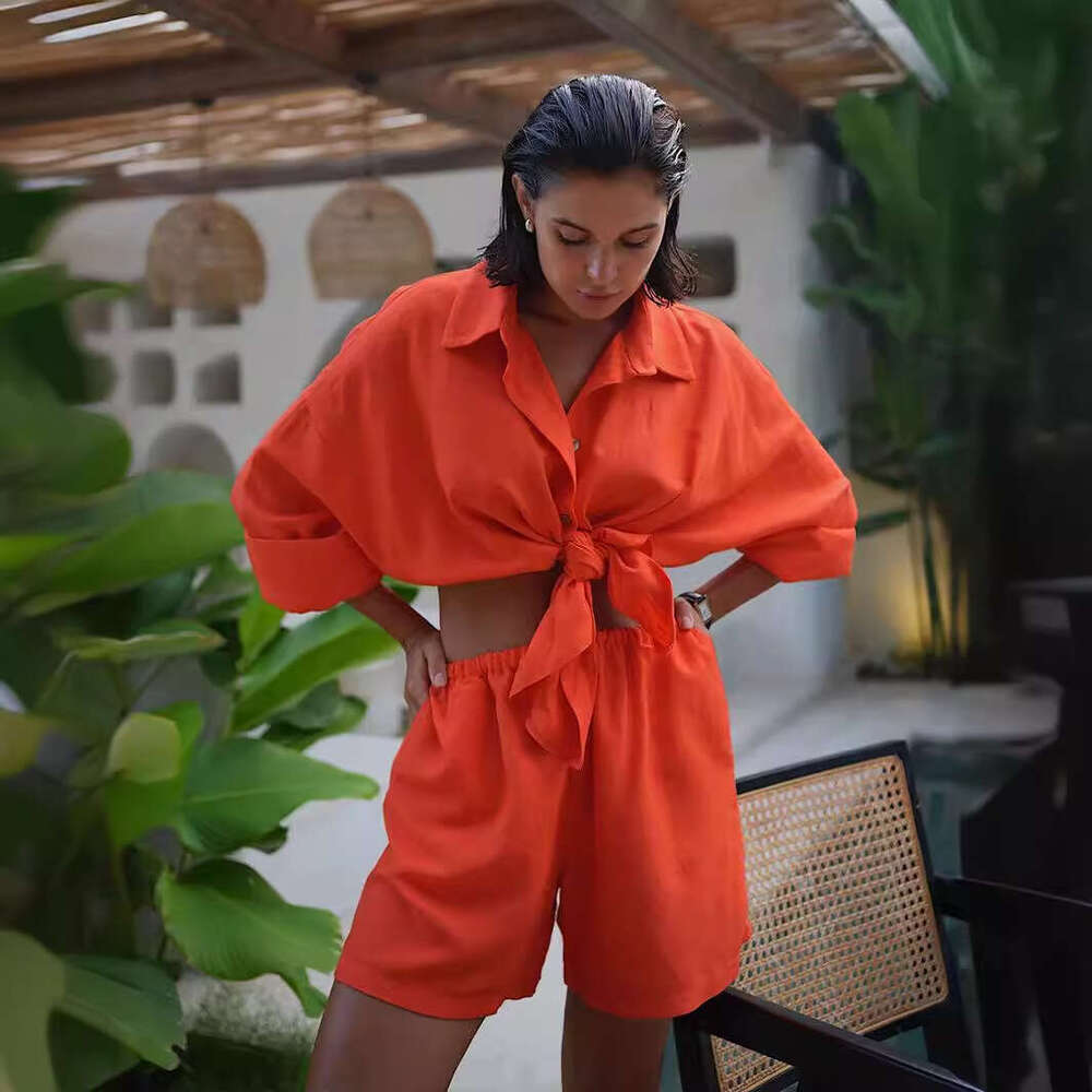 Summer New Women's Vacation Casual Loose Long Sleeve Shirt + Shorts Set B5