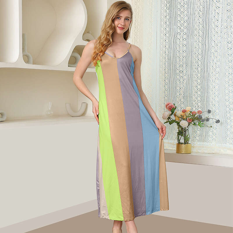 Women's Colorful Fabric Patchwork Round Neck Sweet Fresh Girl Style Long Dress Macaron B5