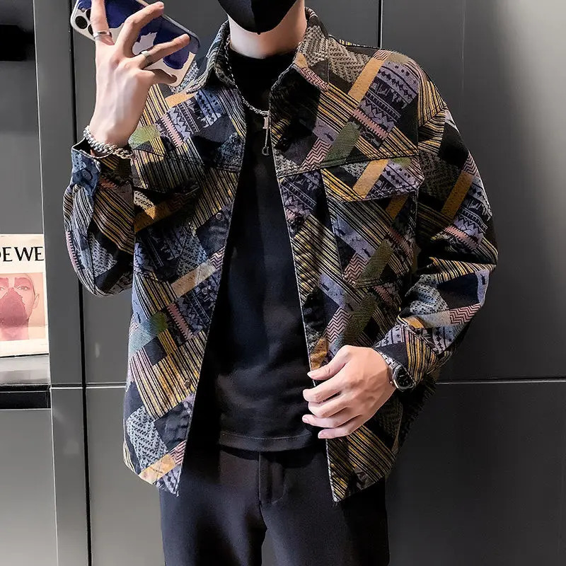 Fashion Lapel Pockets Color Printed Geometric Coats Mens Clothing Autumn Winter Loose Punk Denim Tops Casual Jackets 250717