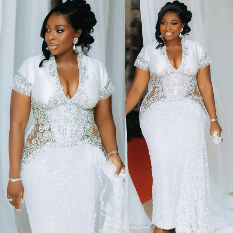 2025 Plus Size Aso Ebi Prom Dress Mermaid Prom Dresess Evening Formal Gowns V Neck Short Sleeves Beaded Lace Birthday Second Reception Gown For Black 