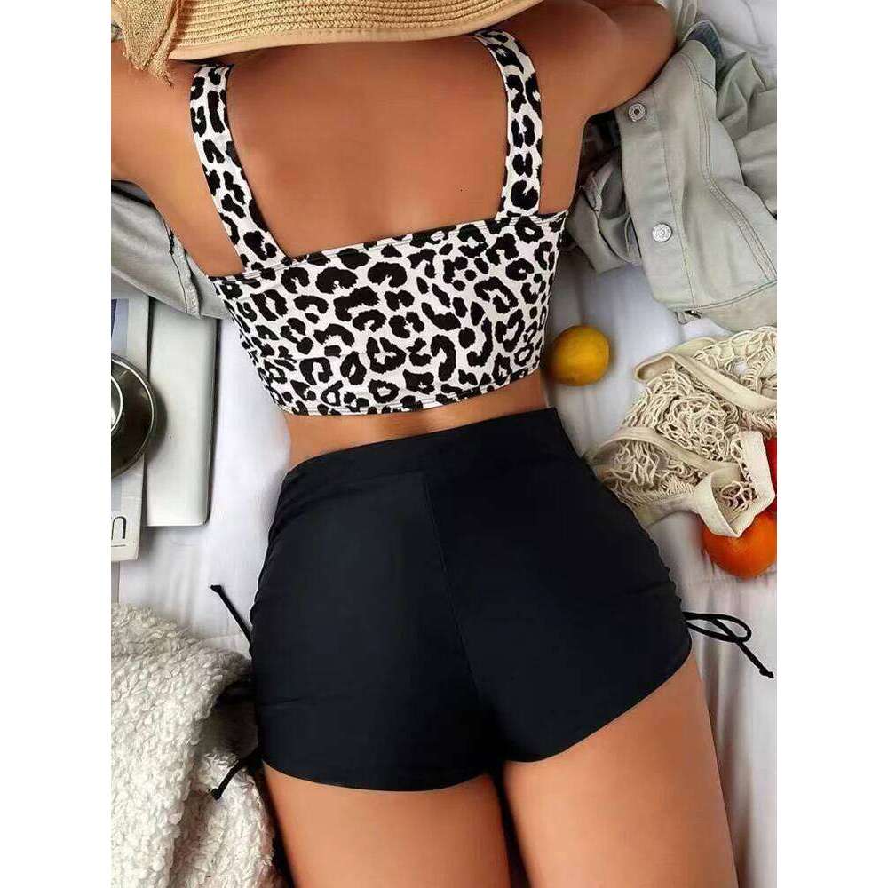 Circyy Cheetah Print Swimwear Women Backless Fashion Bikini Set High Waisted Drawstring Split Swimsuit Summer 2025 New Beachwear