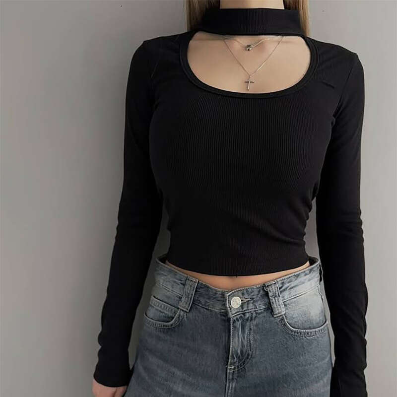 New Design Black And White Hollow Out U-Neck Low-Cut Long Sleeve T-Shirt Slim Fit Stretch Top Women's Clothing B5