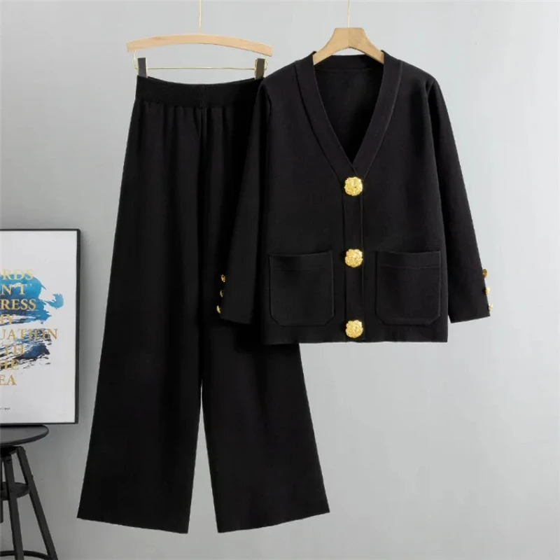 Fall Winter Womens Knit Sweater Sets Large Gold Button V-neck Cardigan Coats Conjunto High Waist Baggy 95cm Wide Leg Pants Suit 250714