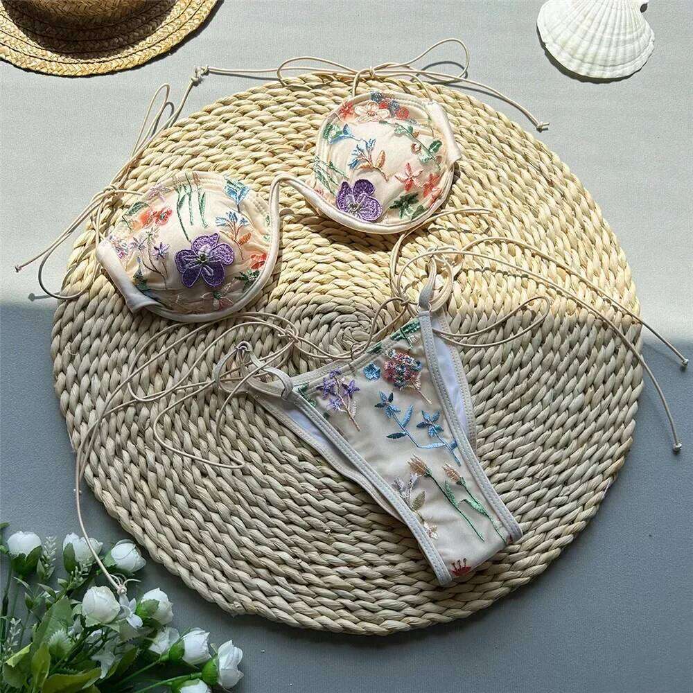Red Flower Embroidery Swimwear String Bikini Micro Mini Thong Sexy Swimsuit Women 2025 Bathing Biquinis Brazilian Bikinis Sets