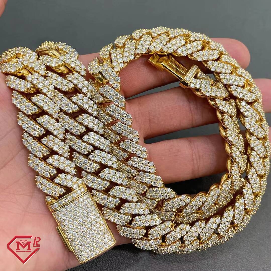 Heavy Hip Hop Moissanite Cuban Chain 925 Silver 2 Rows Gold Plated VVS Cuban Link Chain for Party