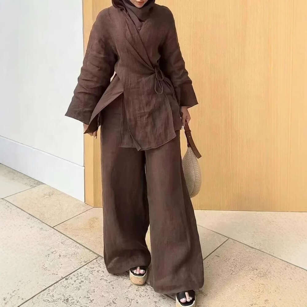 TRAFZA Women's Clothing Spring New Linen Tie Top And Pants Set B5