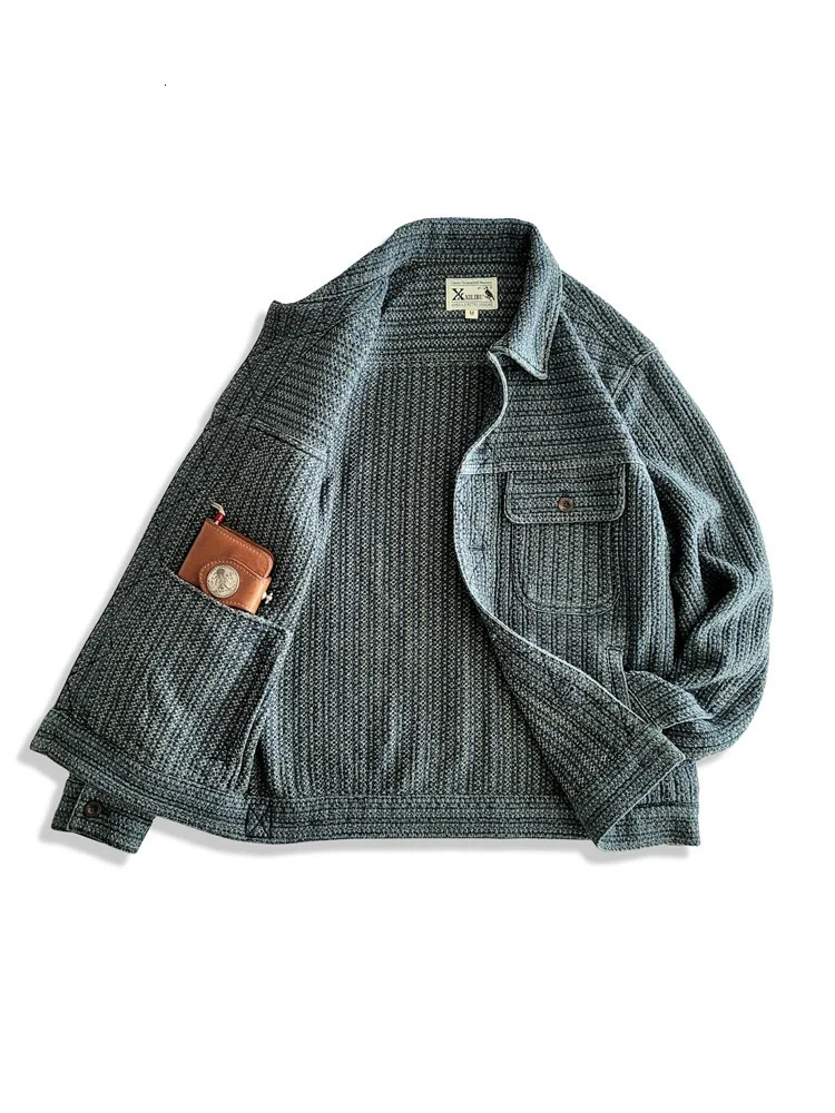 Amekaji Wear Clothes Men Honeycomb Stripes Denim Casual Jacket Coat Loose Version Japanese Style Retro Washed Old 250717