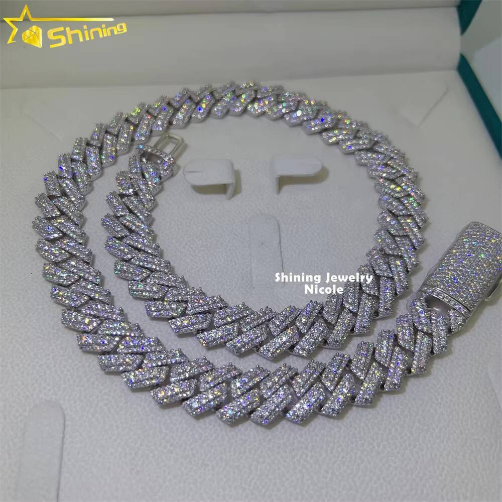 Hip Hop Fine Jewelry Vvs Diamond 3 Rows 15mm Cuban Link Necklace 925 Silver Men Moissanite Cuban Chain