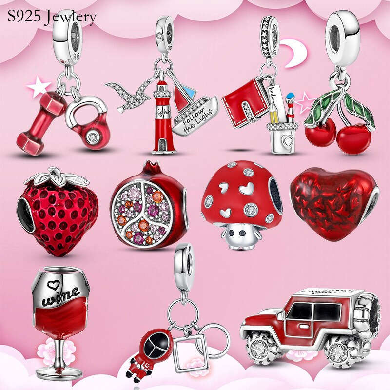 925 Sterling Silver Pendant Charms Mushroom Red Pomegranate Strawberry Car Heart European Bead Charms Bracelet Necklace jewelry making