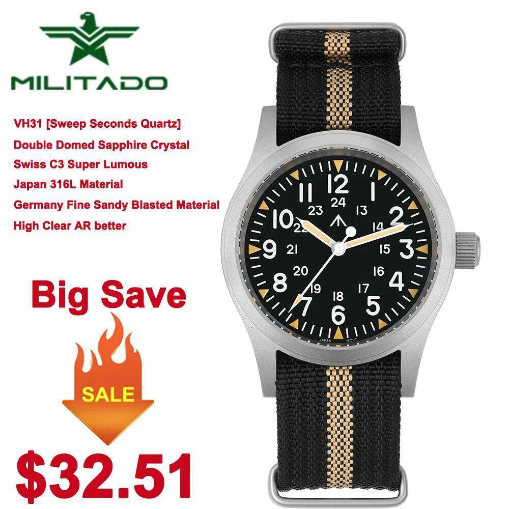 Militado ML05 38mm Military Field Watch VH31 Sweep Quartz Movement Domed Sapphire Crystal Waterproof 100M Super Luminous Watches free shipping