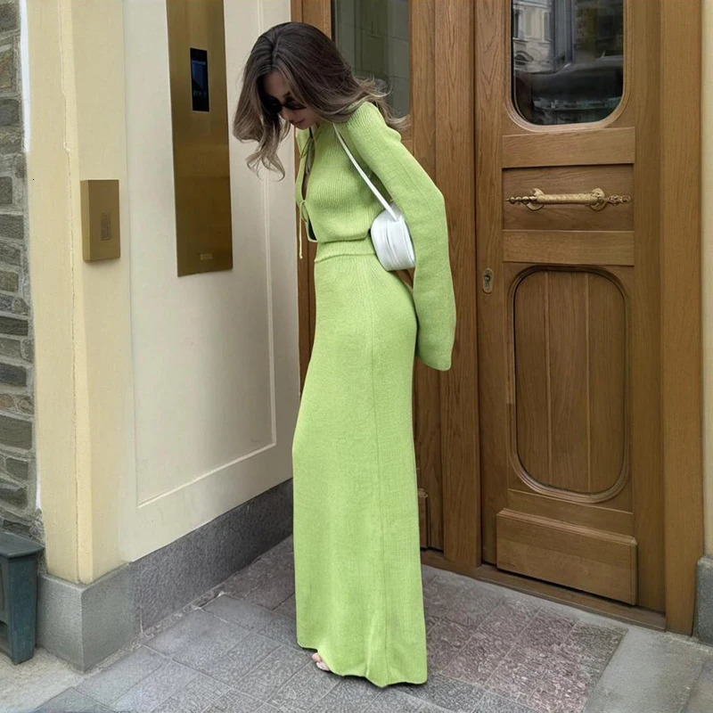Tornova Knitted Long Skirt Suit Female Lace Up Flare Sleeve Cardigan Sweater Split High Waist Skirts Womens Dress Sets 250714