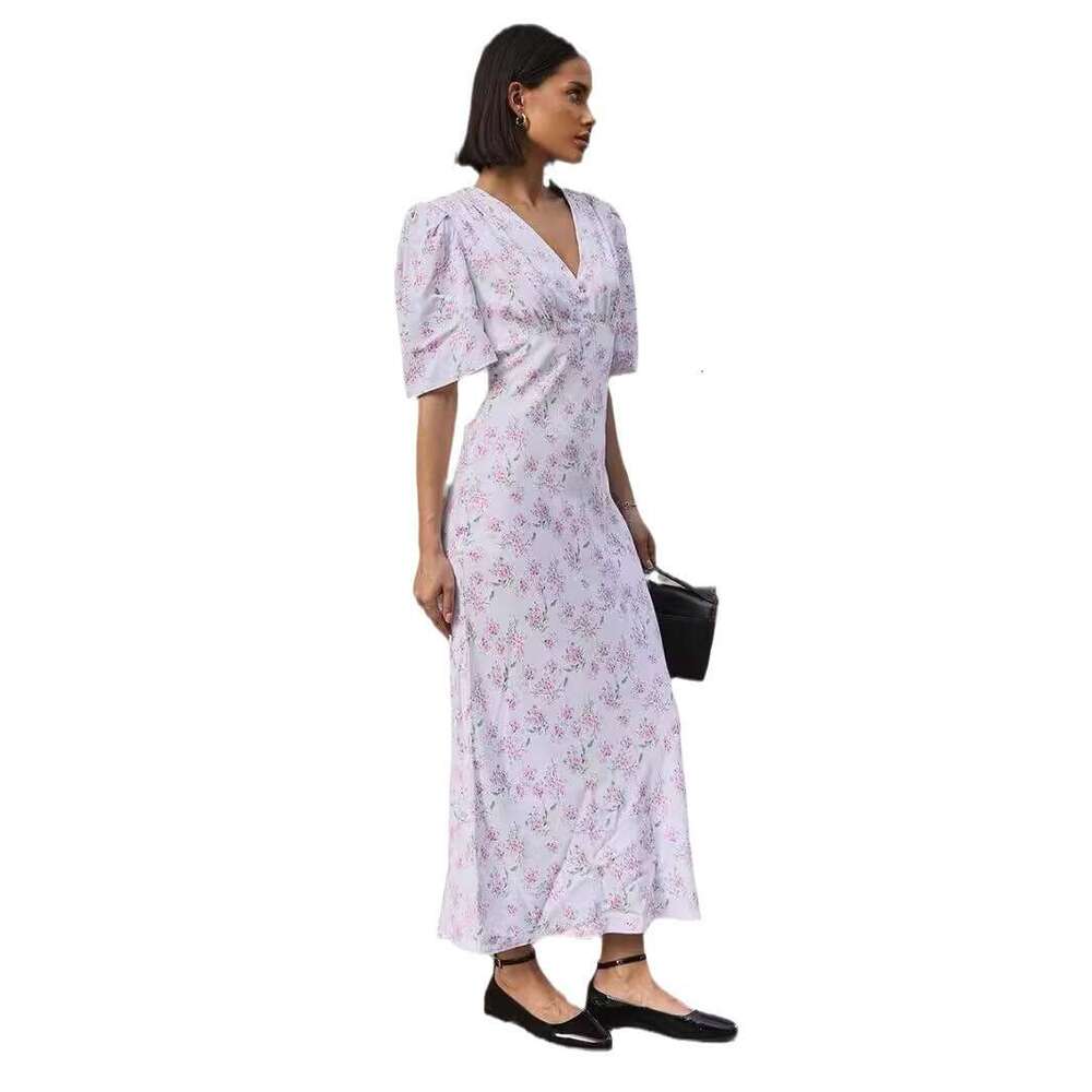 Short Sleeve Summer New V-Neck Regular Shoulder High Waist Long Floral Dress B5