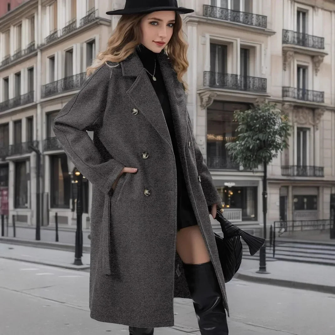 Thickened Long Ladies Windbreaker Double-breasted Pure Color Collar Dragon And Phoenix Wool Tie Belted Coat for Women 250715