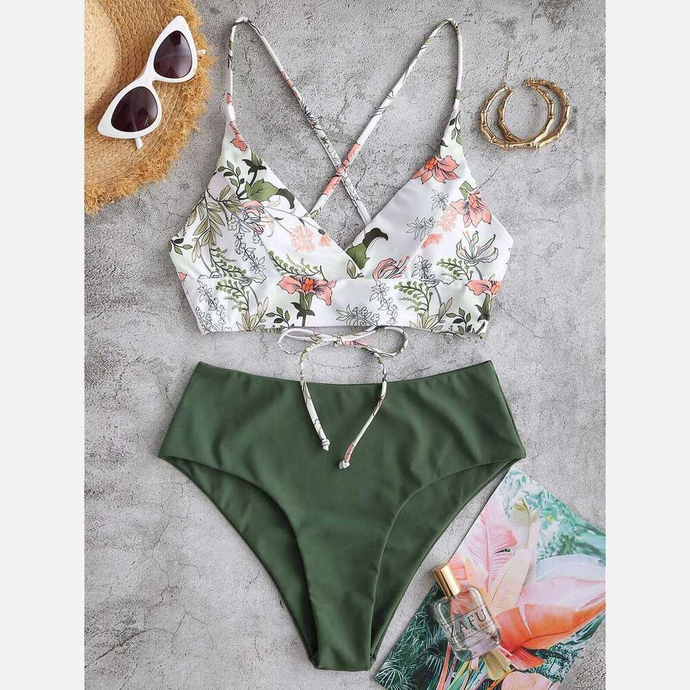 Women Split Swimsuit Flower Print Beachwear Sexy Halter Two Piece Tankini Set Plus Size Swimwear Beach Swimming Suit Biquini