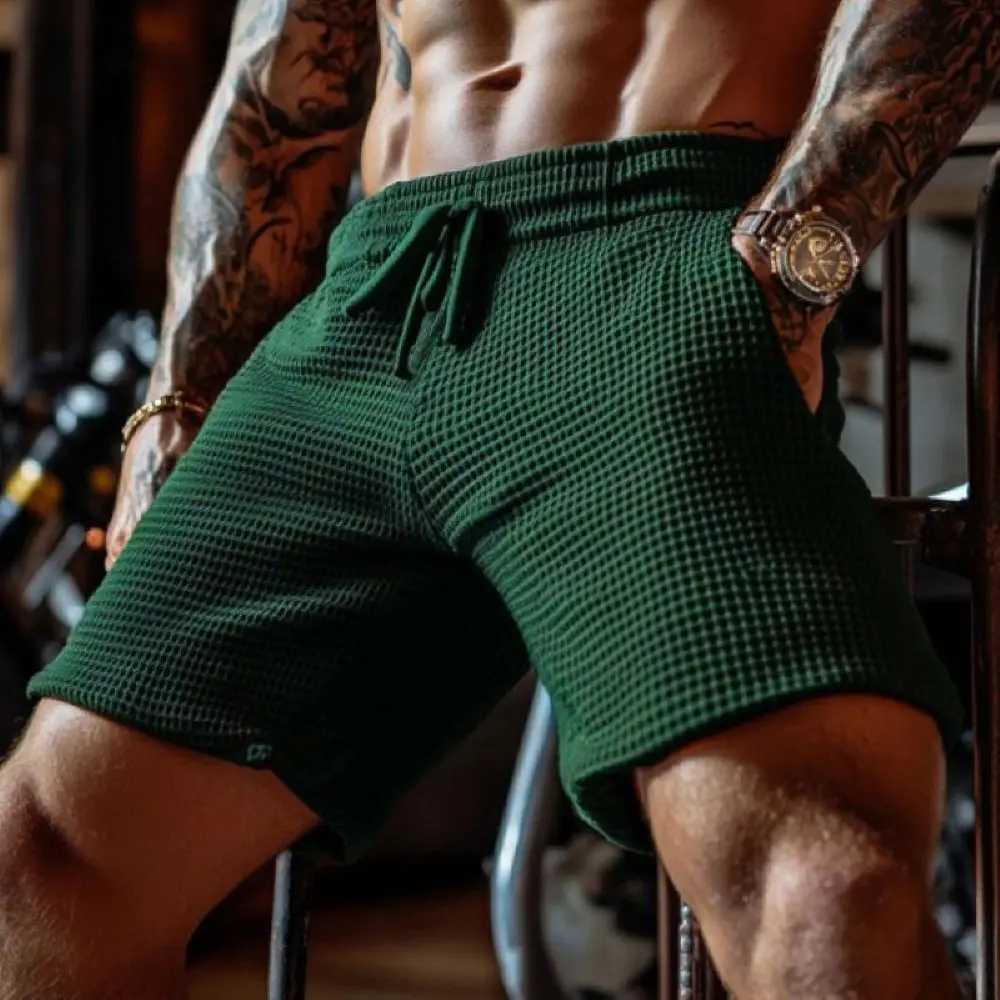 Mens Oversized Stretch Waffle Athletic Fitness Shorts Casual Comfort Daily Basic Elastic Waist Lace-Up Shorts W250718