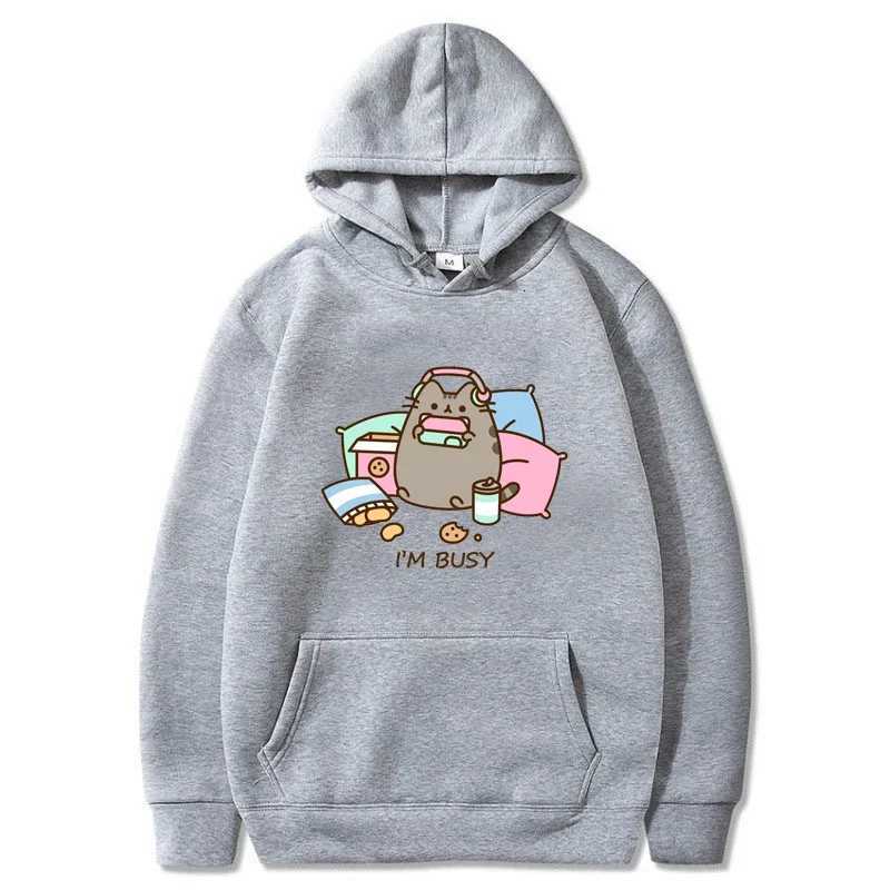 Cartoon Cat Hoodie Sorry Im Busy Printed Mens and Womens Casual Fashion Hooded Sweatshirt Autumn and Winter Warm Top XJ250714