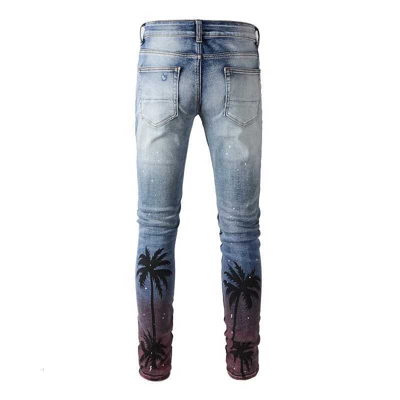 Men Coconut Palm Print Denim Jeans Streetwear Painted Skinny Tapered Stretch Pants with Holes Ripped Distressed Trousers X250718