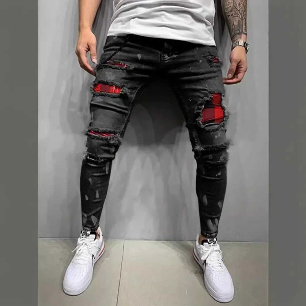 2025 Jeans Pencil Pants Holes Distressed Men Streetwear Denims Patchwork Mid Waist Slim Fit Washed Denim Ankle Length Trousers X250718
