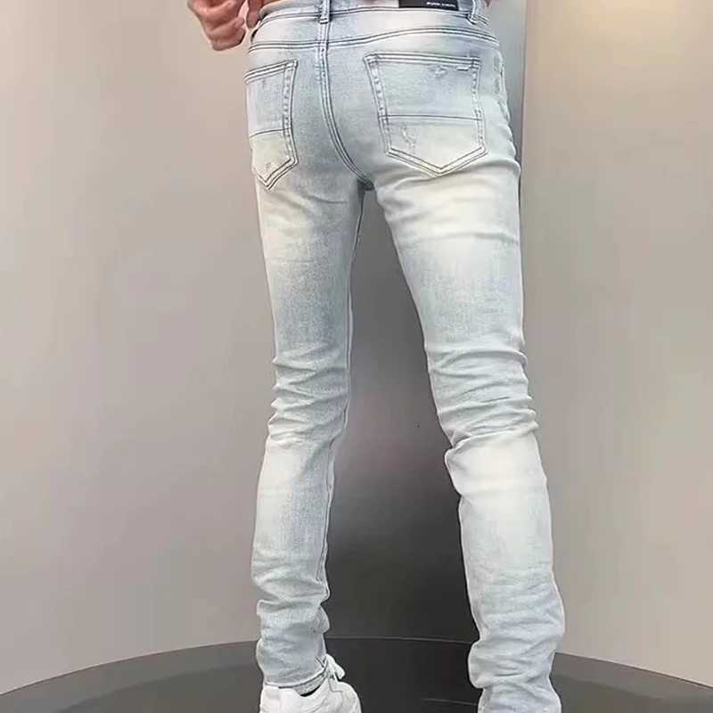 2025 Spring New Ripped Hole Denim Mens Pants Washing Light Blue Hip Hop Slim Fit Mens Trousers High Street Blue Beggar Jeans X250718