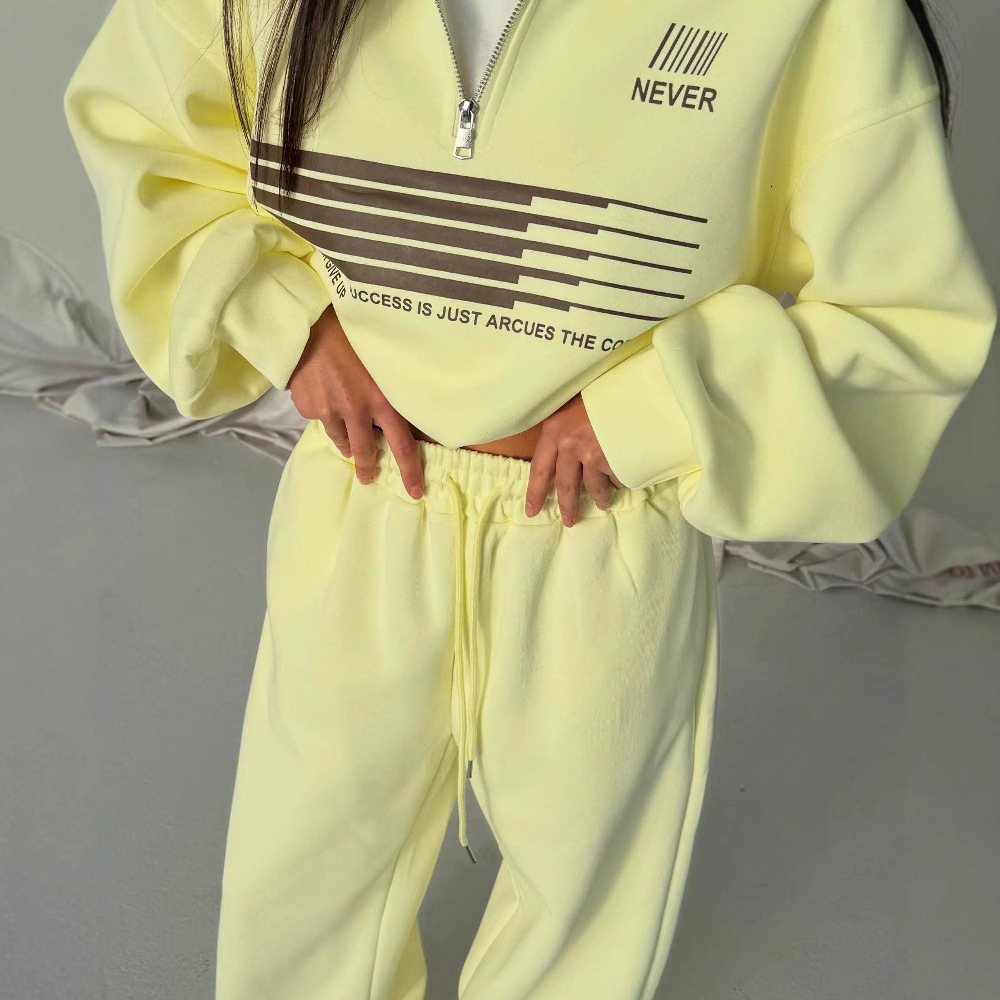 Lazy Sweatshirt Two-Piece Set Casual Turn-Down Collar Half-Zip Bright Color Loose Versatile Sweatshirt Long Pants Spring Autumn 250718