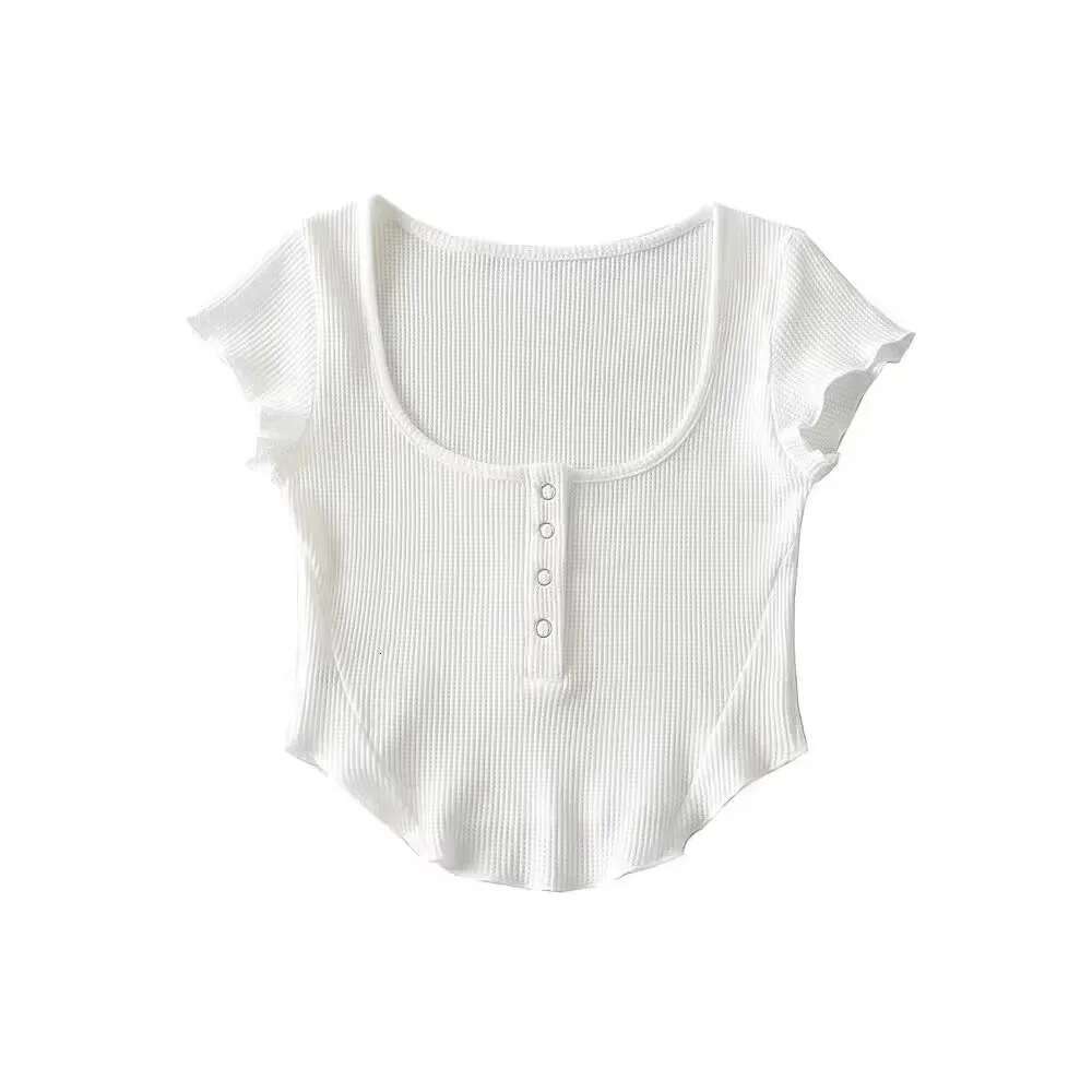 Chao Waist-Slimming Hot Girl Style Sleeve Top For Women New Square Neck Collarbone-Exposing Sexy Button Short T-Shirt B5