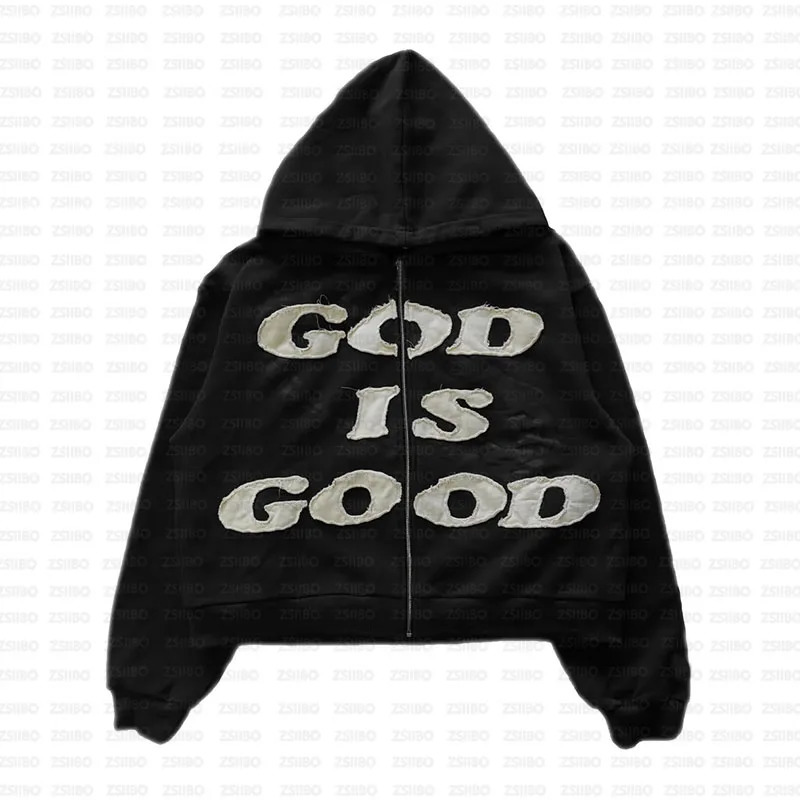 Gothic High Street Letter God Is Good Embroidered Zipper Hoodie Mens Zipper Hooded Jacket Y2K Harajuku Hip-hop Casual Top 250716