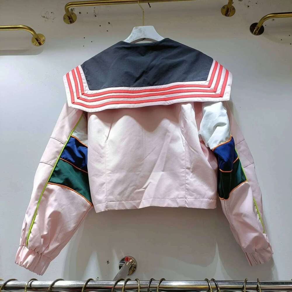 Unique Design Sensibility Color Blocking Navy Cropped Jacket Women Loose-Fit Petite Top For Spring And Autumn