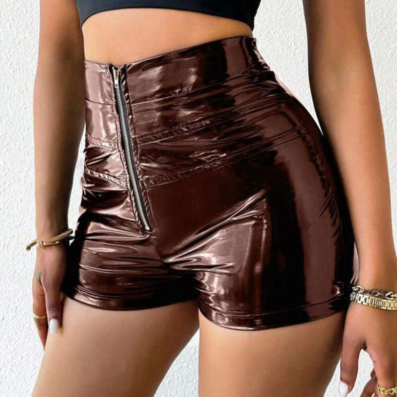 Autumn New Women's PU Leather Mirror High Waist Stretch Spliced Metal Zipper Shorts B5
