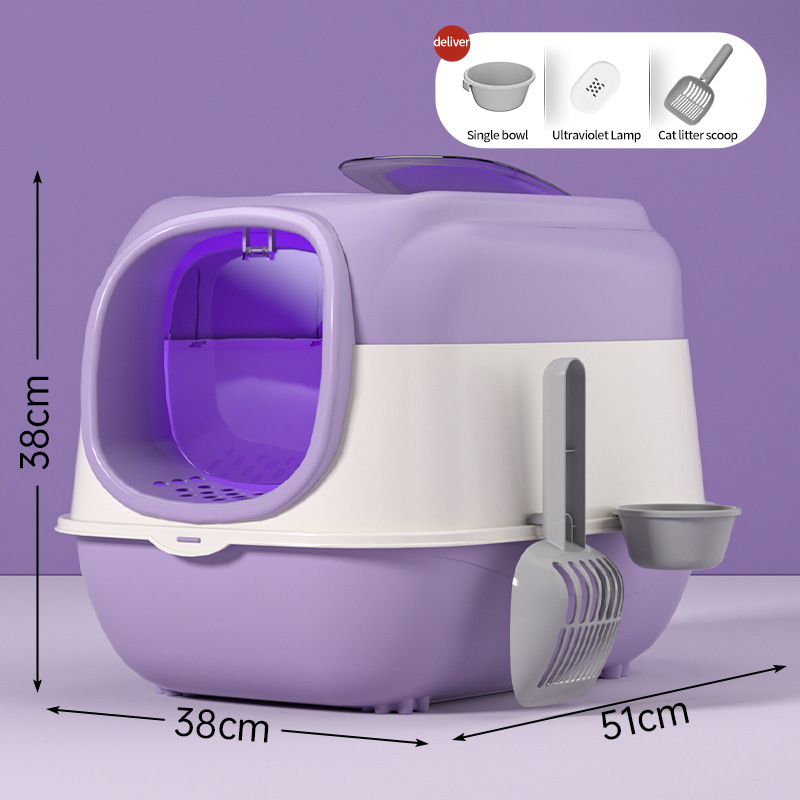 Cat litter box UV sterilization and odor prevention fully enclosed double door oversized cat toilet flip cover box splash proof Without lights