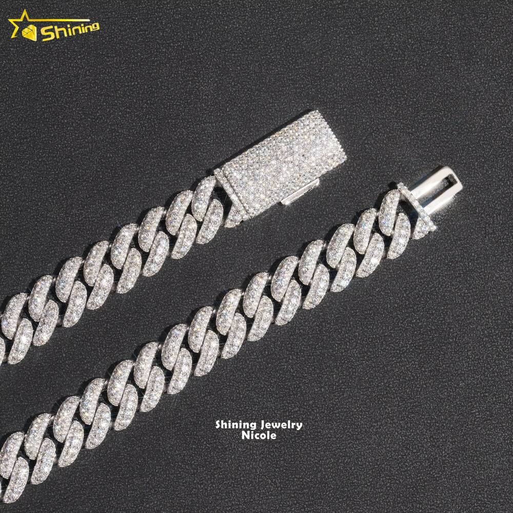 Hip Hop Rapper Jewelry Solid Silver 925 VVS Diamond Necklace 14MM Iced Out Moissanite Cuban Link Chain