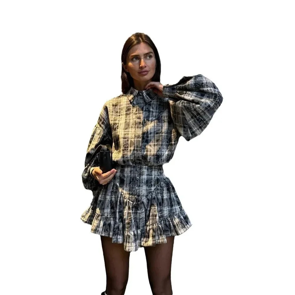 2025 Elegantsuit Womens Clothing Set High-End Feel Spring Plaid Sensibility Ruffle Edge Mini Dress 2-Piece Wholesale 250715