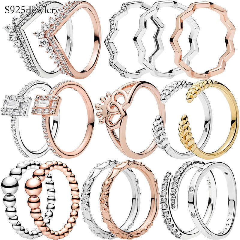 S925 925 Sterling Silver Rose Gold Wishbone Heart Crown Wheat Grains Clear Zircon CZ Open Rings For Women Anniversar Wedding Jewelry Designer Ring Gif