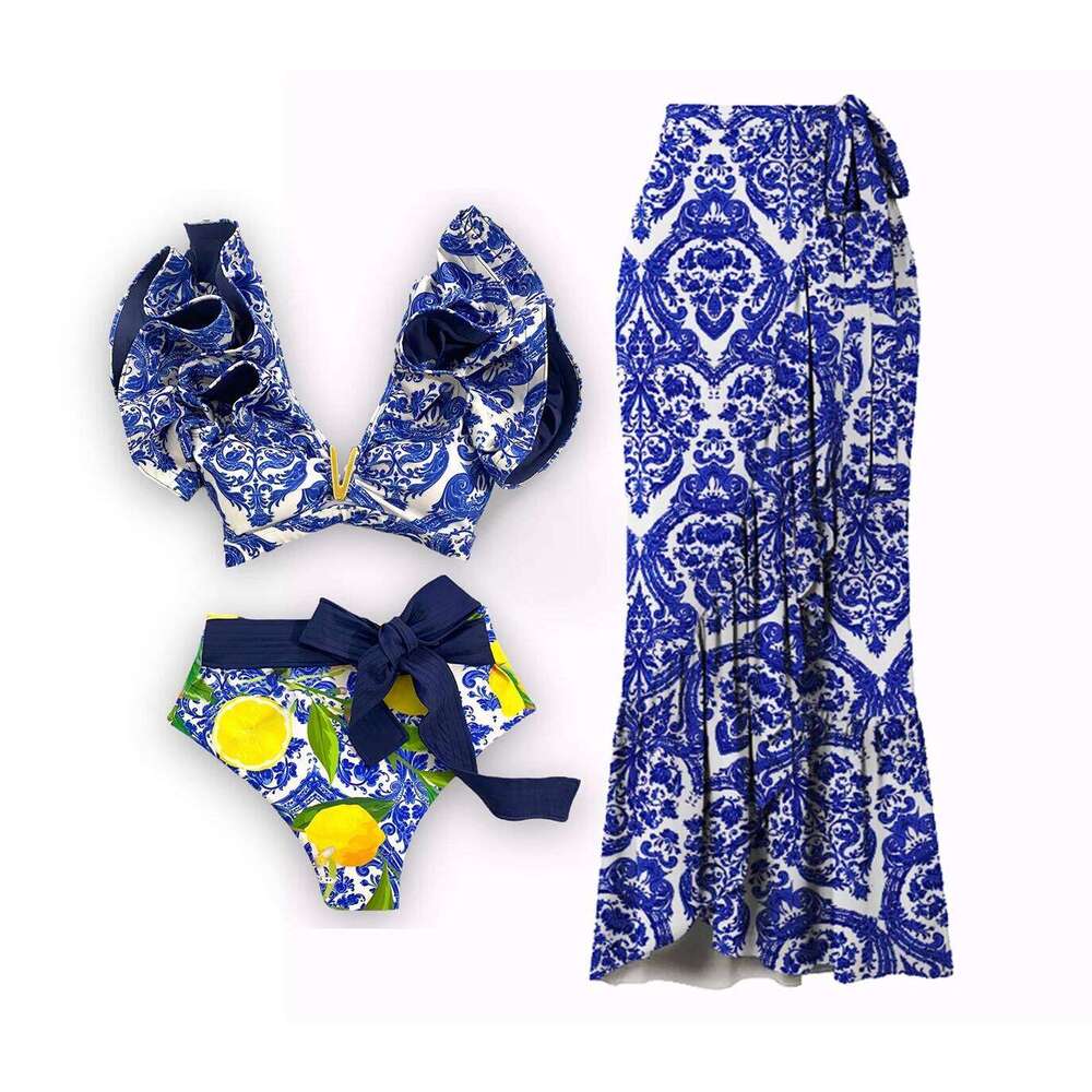 Sexy Printed Bikinis With Cover Up Women Swimwear 2025 Shoulder Ruffle Swimsuit Female V Neck Biquini Bathingsuit Beachwear