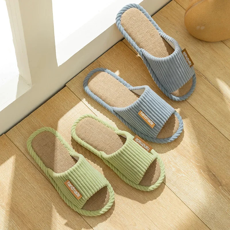 Striped Slippers Women Autumn Home Linen Flip Flops Couples Indoor House Non Slip Sandals Guest Shoes Male Flat Flax Sneaker 250717