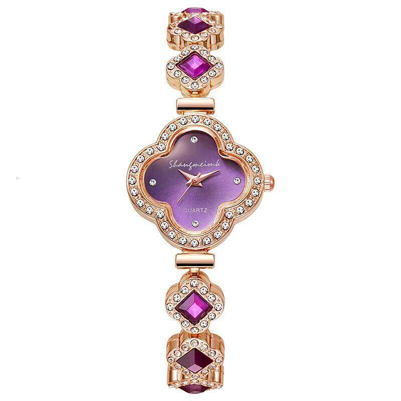 31mm Floral Dial Quartz Watch - Clover Charm Bracelet Watch for Women | Gold Plated Fashion Watch with Gemstone Accents (7 Colors)