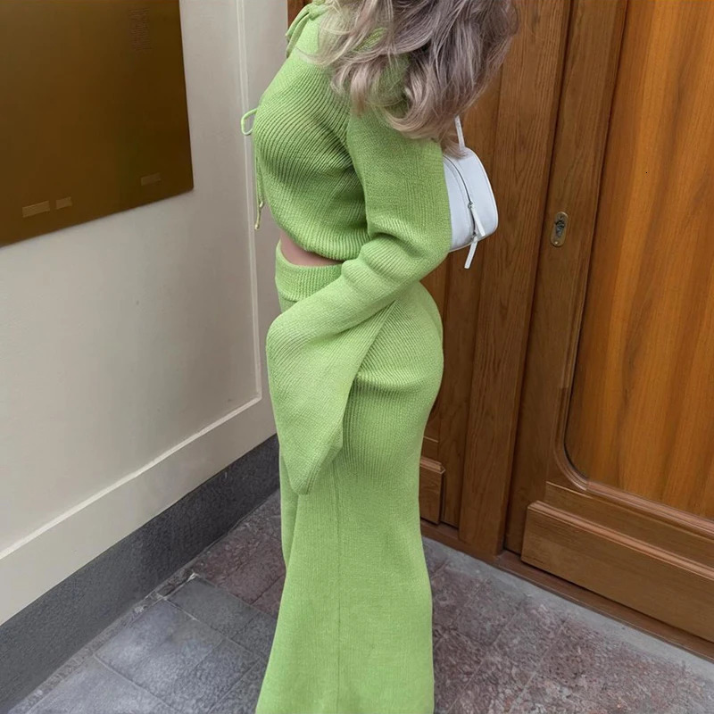 Tornova Knitted Long Skirt Suit Female Lace Up Flare Sleeve Cardigan Sweater Split High Waist Skirts Womens Dress Sets 250714